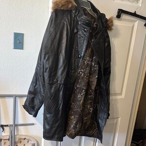 Men's Black Leather Parka with Fur Trim